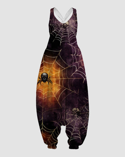 Women's Purple Spider Web Print Sleeveless Jumpsuit Harem Pants