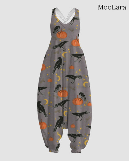 Women's Crow & Pumpkin Print Sleeveless Jumpsuit Harem Pants