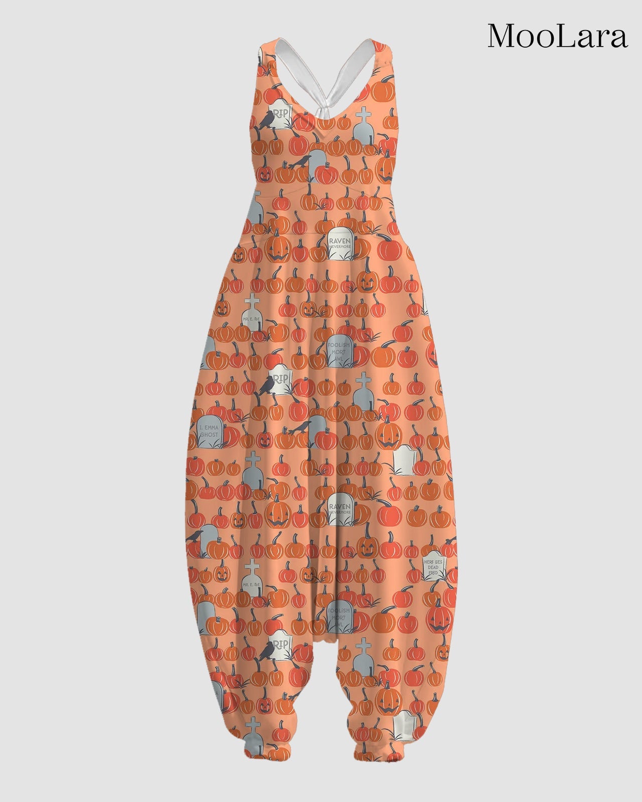 Women's Pumpkin and Tombstone Print Sleeveless Jumpsuit Harem Pants