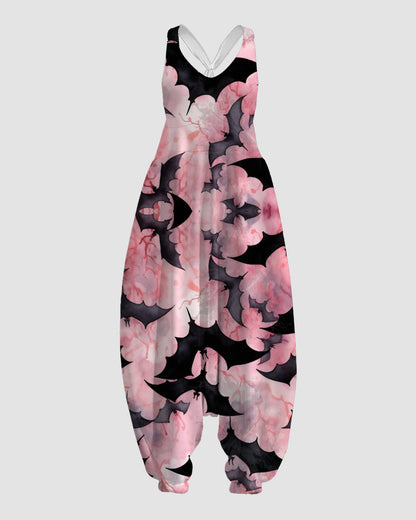 Women's Pink Bat Print Sleeveless Jumpsuit Harem Pants