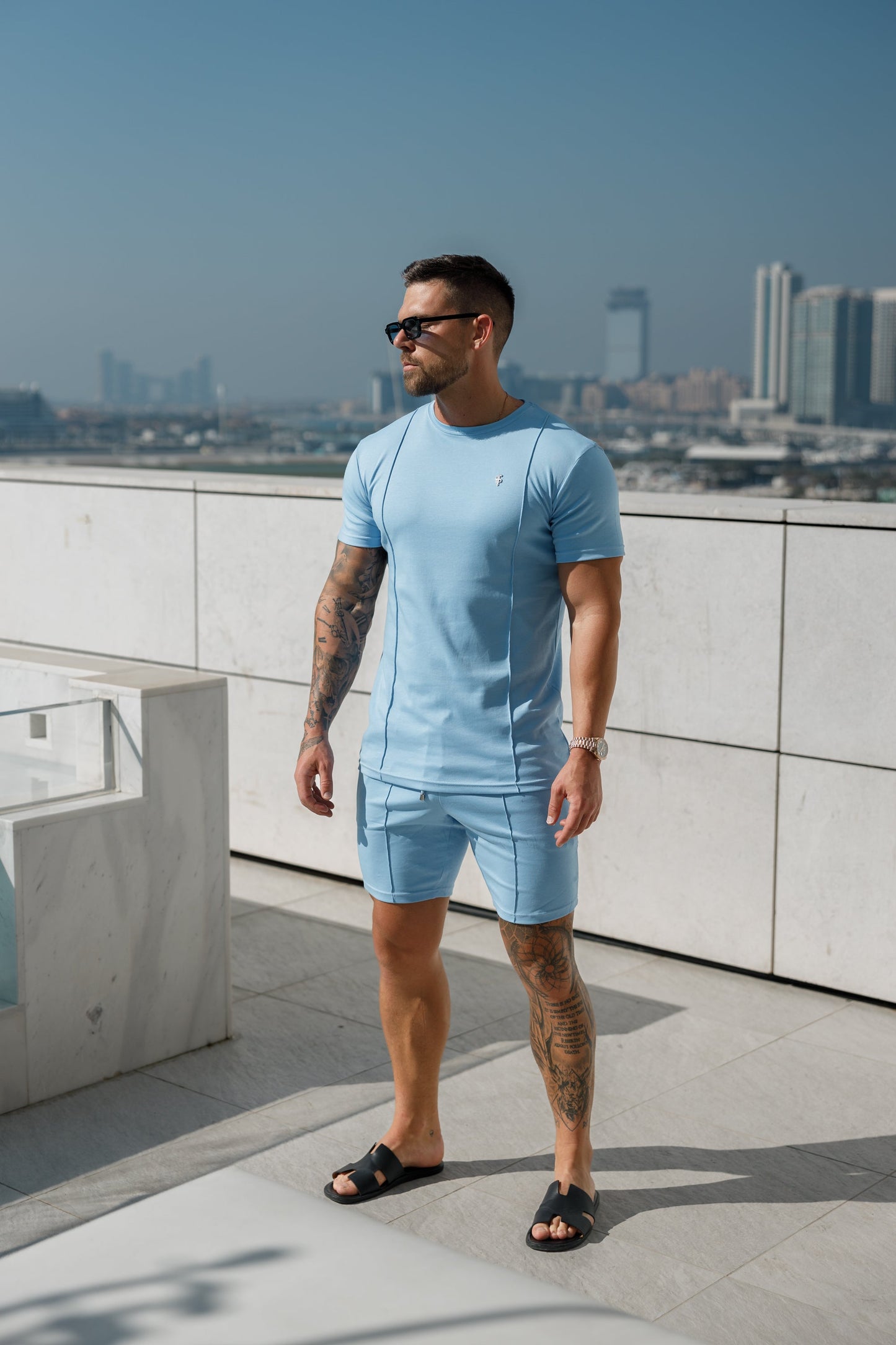 Elevate Your Style with Father Sons Light Blue & Silver Crew T-Shirt Featuring Elegant Pintuck Detail - FSH1051
