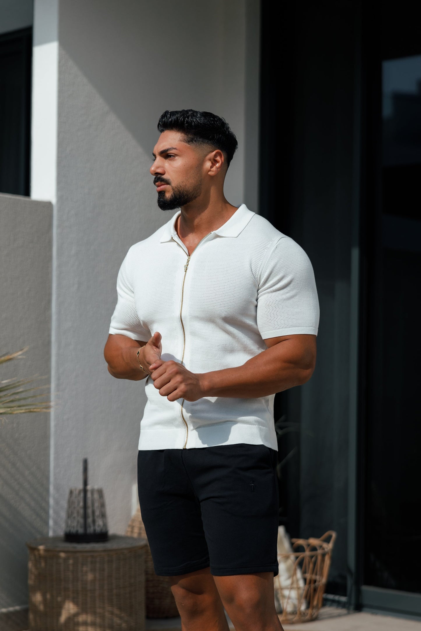 Elevate Your Style with the Father Sons Classic Knitted Textured Zip Sweater in Off White - Short Sleeve FSN152