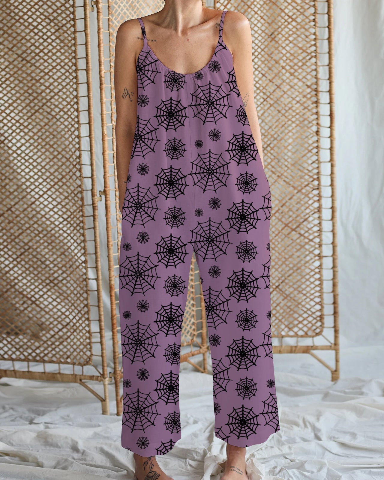 Women's Scary Spider Web Print Cotton and Linen Wide Leg Strap Jumpsuit