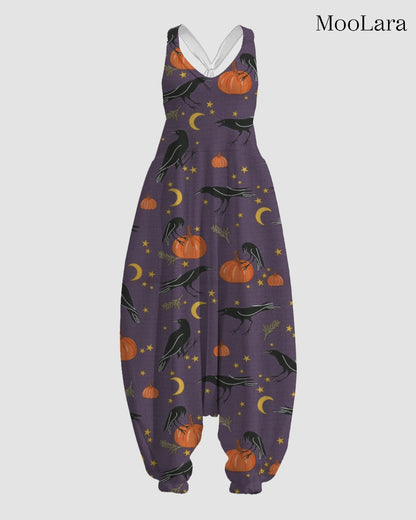 Women's Crow & Pumpkin Print Sleeveless Jumpsuit Harem Pants