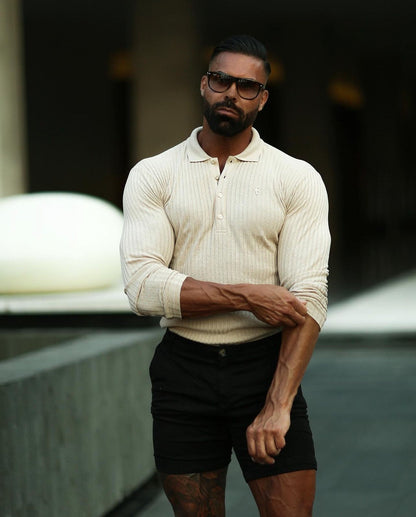 Elevate Your Style with the Father Sons Classic Beige Ribbed Long Sleeve Polo Shirt Featuring a Chic Gold Decal - FSH969