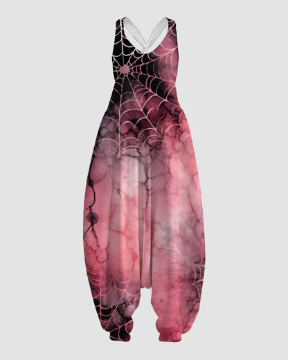 Women's Pink Spider Web Print Sleeveless Jumpsuit Harem Pants
