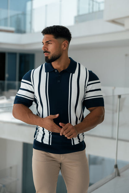 Elevate Your Style with Our Classic Navy & Off White Knitted Vertical Stripe Polo - Short Sleeve - FSN105