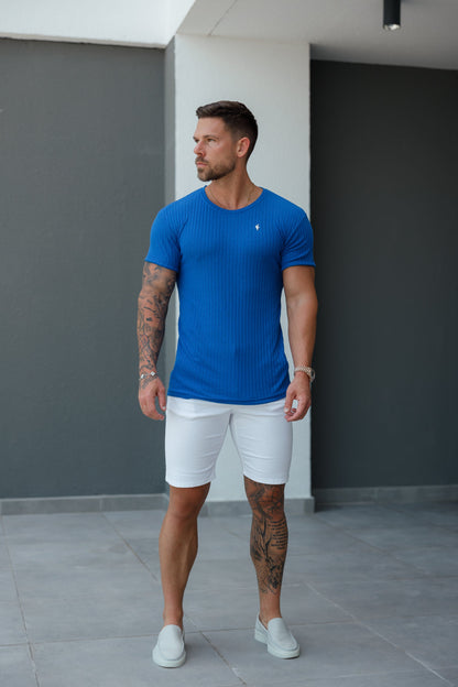 Elevate Your Style: Father Sons Royal Blue & Silver Ribbed Super Slim Fit Short Sleeve Crew - FSH1091