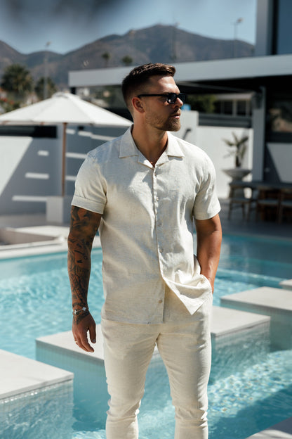 Elevate Your Style: Father Sons Hawaiian Boxy Linen Short Sleeve Shirt with Revere Collar - FS1071