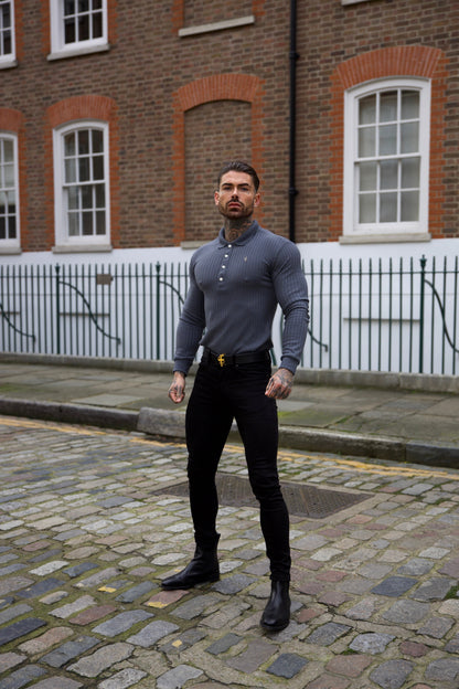 Elevate Your Style: Classic Charcoal Long Sleeve Ribbed Polo Shirt with Silver Accents by Father Sons - FSH971