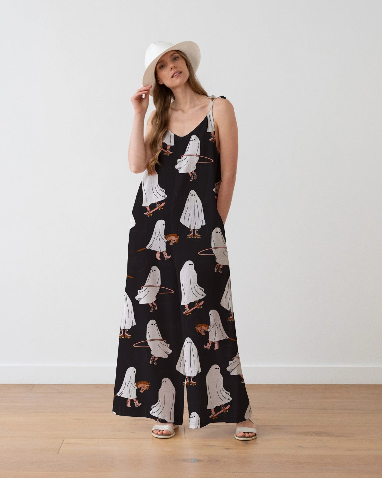 Women's Ghostly Games Print Loose Fit Cotton and Linen Jumpsuit