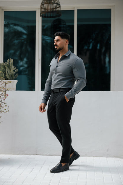Elevate Your Style with Father Sons Super Slim Gunmetal Stretch Long Sleeve Scuba Shirt - FS1033