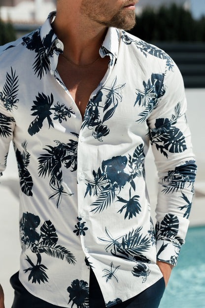 Essential Stretch Long Sleeve Button-Down Shirt in White with Ink Print - FS1100