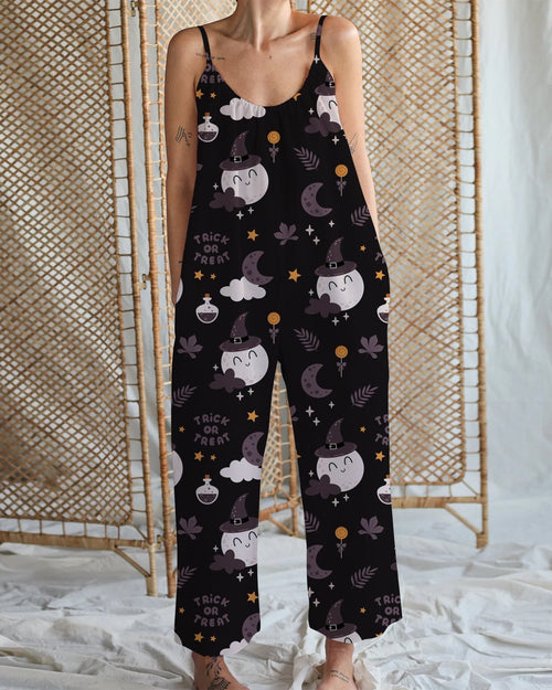 Women's Trick or Treat Print Cotton and Linen Wide Leg Strap Jumpsuit