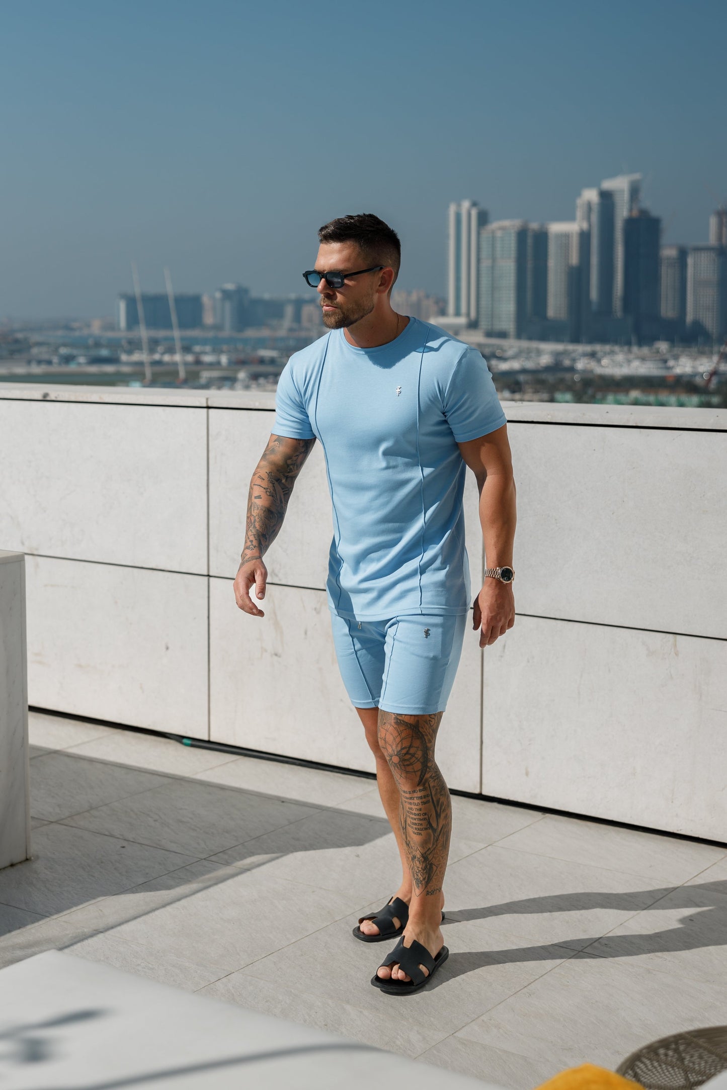 Elevate Your Style with Father Sons Light Blue & Silver Crew T-Shirt Featuring Elegant Pintuck Detail - FSH1051