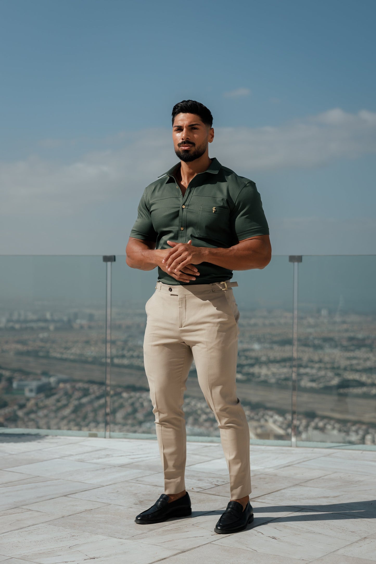 Elevate Your Style: Father Sons Super Slim Stretch Khaki Denim Short Sleeve Shirt with Trendy Horizontal Seam and Pocket - FS958