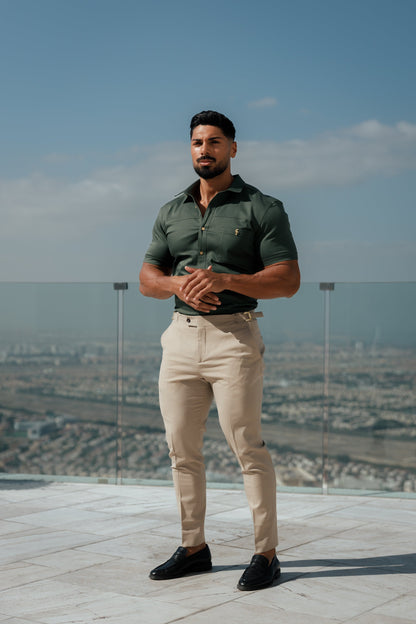 Elevate Your Style: Father Sons Super Slim Stretch Khaki Denim Short Sleeve Shirt with Trendy Horizontal Seam and Pocket - FS958