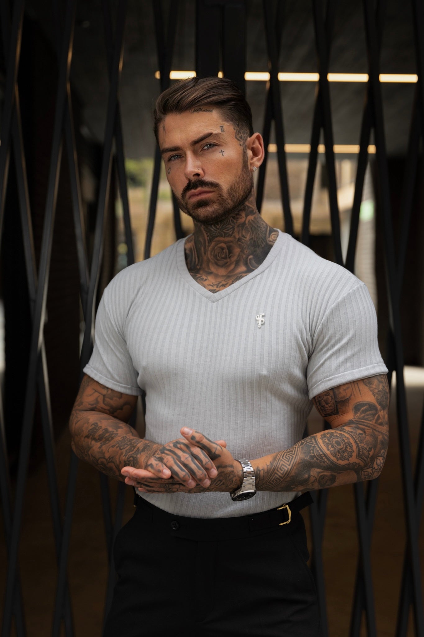 Elevate Your Wardrobe with the Father Sons Classic Light Grey/Silver V-Neck Ribbed Crew - FSH1126