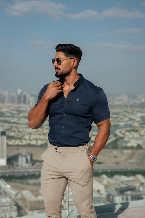 Father Sons Tailored Fit Stretch Navy Denim Short Sleeve Shirt with Stylish Button Down Collar - FS1019