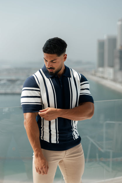 Elevate Your Style with Our Classic Navy & Off White Knitted Vertical Stripe Polo - Short Sleeve - FSN105