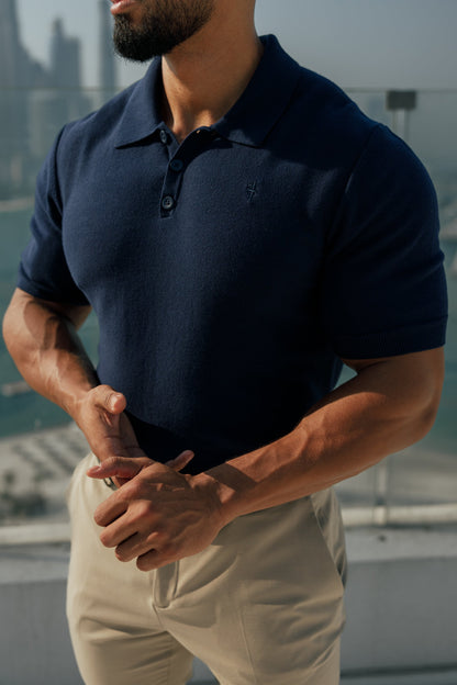 Elegant Navy Knitted Polo Shirt for Men - Short Sleeve Classic by Father Sons - FSN109