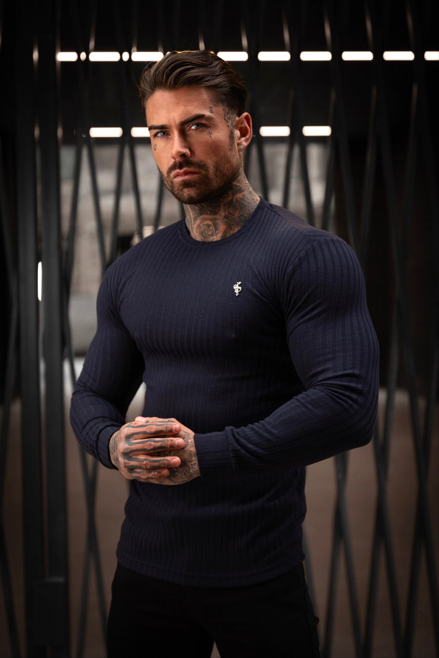 Elevate Your Style with the Father's Sons Navy Ribbed Knit Jumper Featuring a Sleek Silver Emblem - FSH945