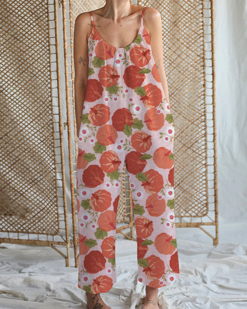 Women's Red Pumpkin with Flower Print Cotton and Linen Wide Leg Strap Jumpsuit