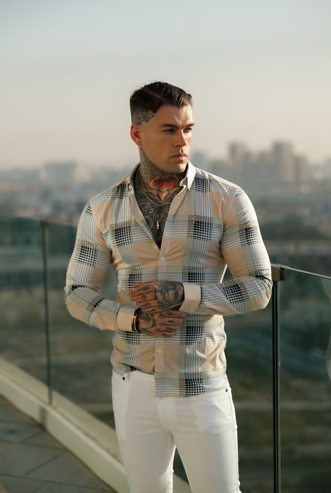 Elevate Your Style: Father Sons Super Slim Stretch Peach & Grey Check Print Long Sleeve Shirt with Classic Button-Down Collar - FS901