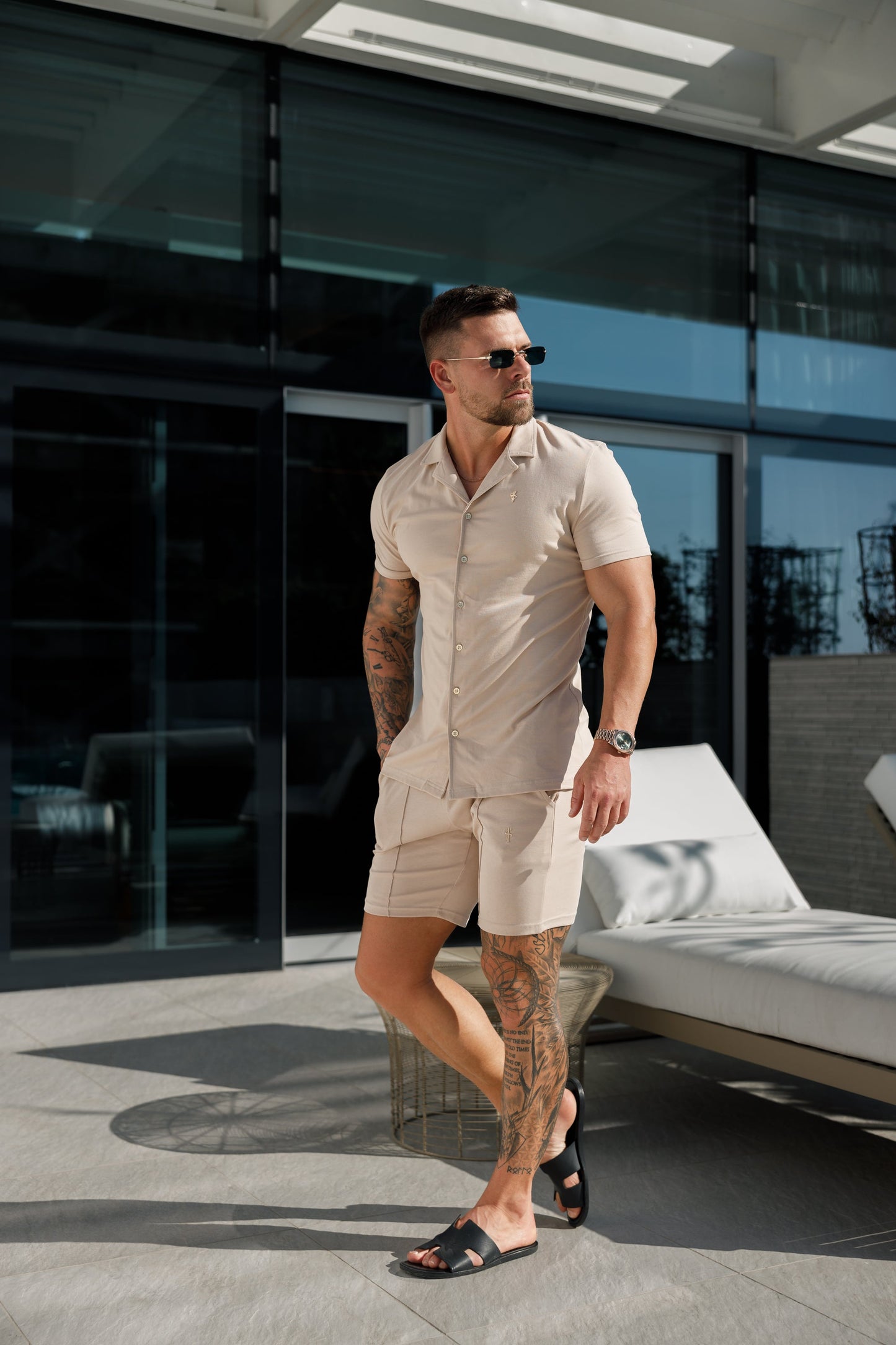 Elevate Your Style with the Father Sons Stretch Beige & Gold Short Sleeve Revere Shirt - FSH1075