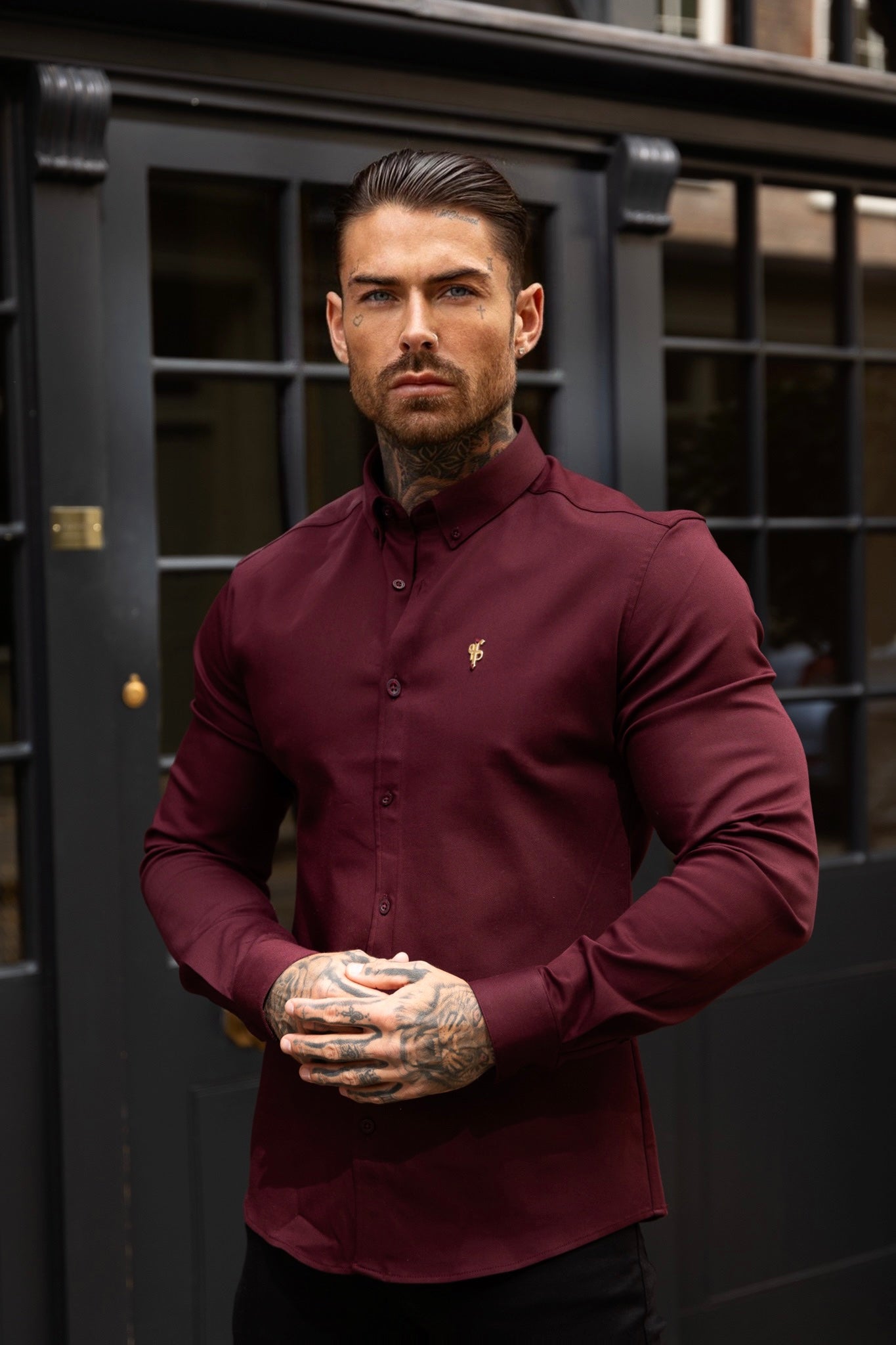 Father Sons Burgundy Super Slim Stretch Denim Shirt with Gold Accents and Button-down Collar - FS1046