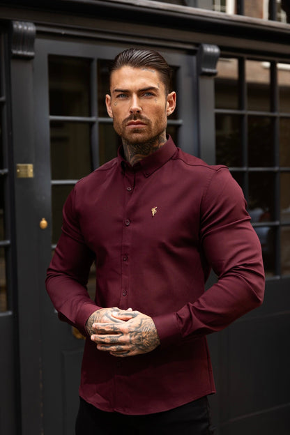 Father Sons Burgundy Super Slim Stretch Denim Shirt with Gold Accents and Button-down Collar - FS1046