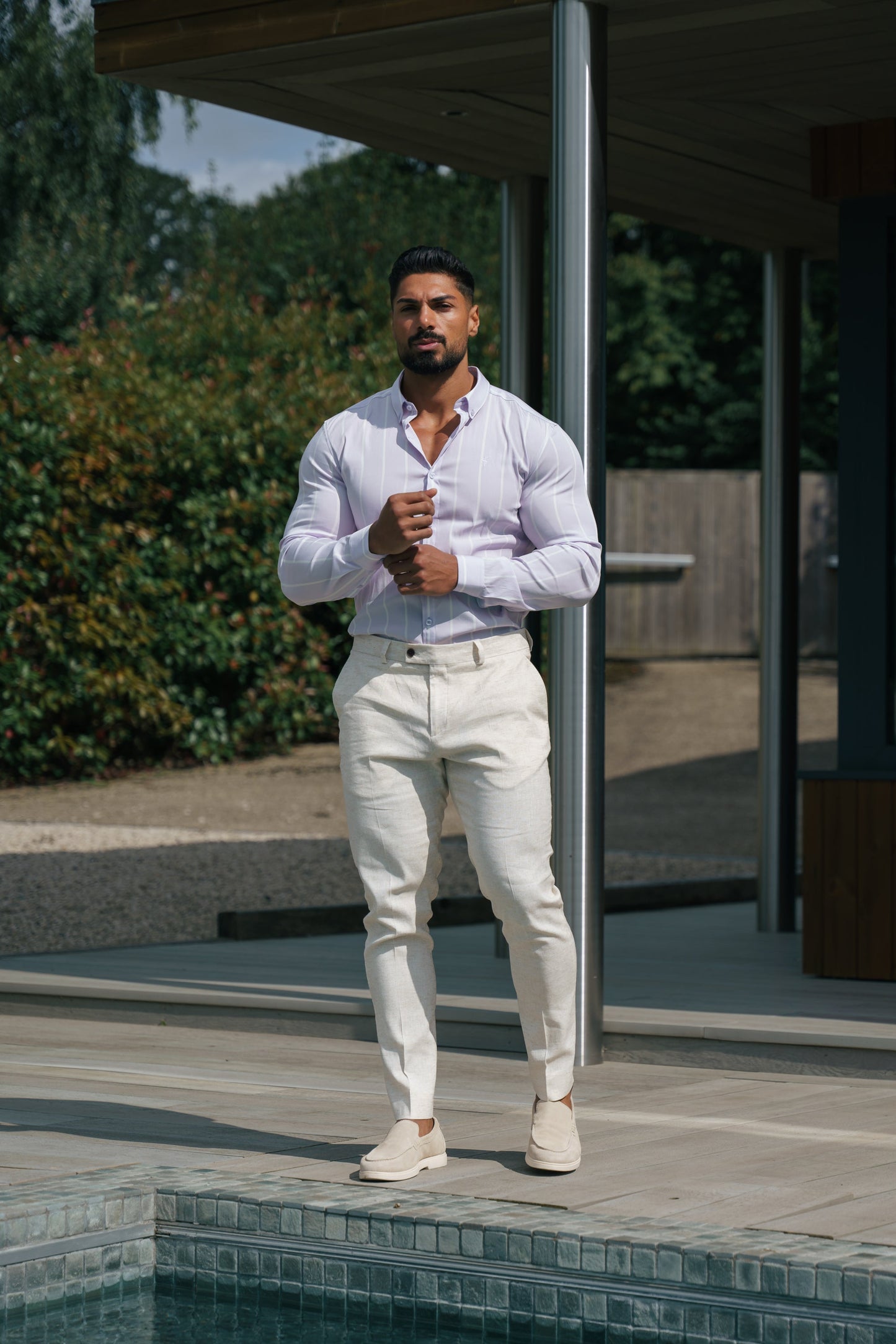 Father Sons Lilac Printed Wide Stripe Long Sleeve Shirt - Super Slim Stretch Fit with Button Down Collar - FS1067