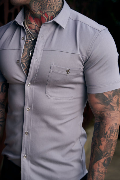 Elevate Your Style with Father Sons Super Slim Stretch Grey Denim Short Sleeve Shirt Featuring Horizontal Seam and Pocket - FS960