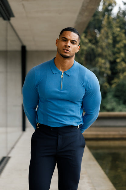 Elegant Mid Blue & Gold Long Sleeve Zip Knit Polo Shirt for Men - FSN129 by Father Sons