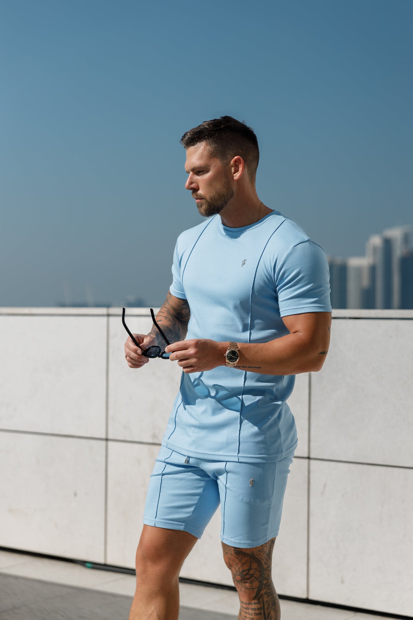 Elevate Your Style with Father Sons Light Blue & Silver Crew T-Shirt Featuring Elegant Pintuck Detail - FSH1051