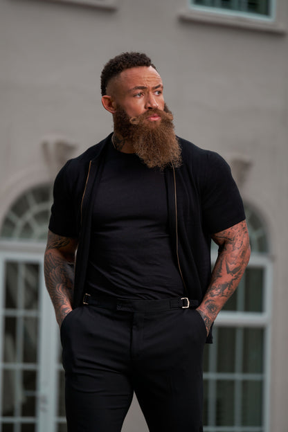 Elevate Your Style with Father Sons Slim Fit Black Stretch Trousers Featuring Luxurious Gold Waist Adjusters - FST018 (Available for Pre-Order Starting September 19th)
