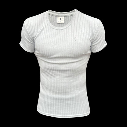 Elevate Your Wardrobe with the Father Sons Light Grey Ribbed Knit Super Slim Short Sleeve Crew - FSH1085