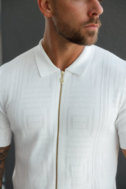Elevate Your Style: Father Sons Classic Geo Knit Short Sleeve Zip-Up in Off White - FSN148