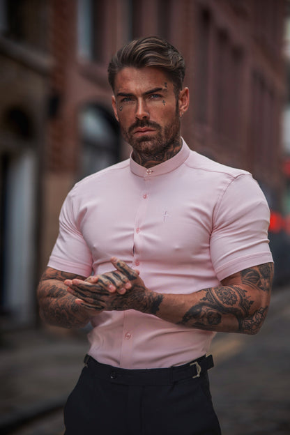 Father Sons Super Slim Fit Scuba Pink Short Sleeve Stretch Shirt with Stylish Grandad Collar - FS1005