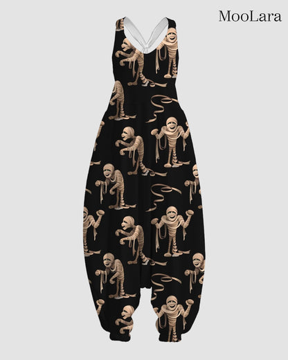 Women's Halloween Mummies Print Sleeveless Jumpsuit Harem Pants