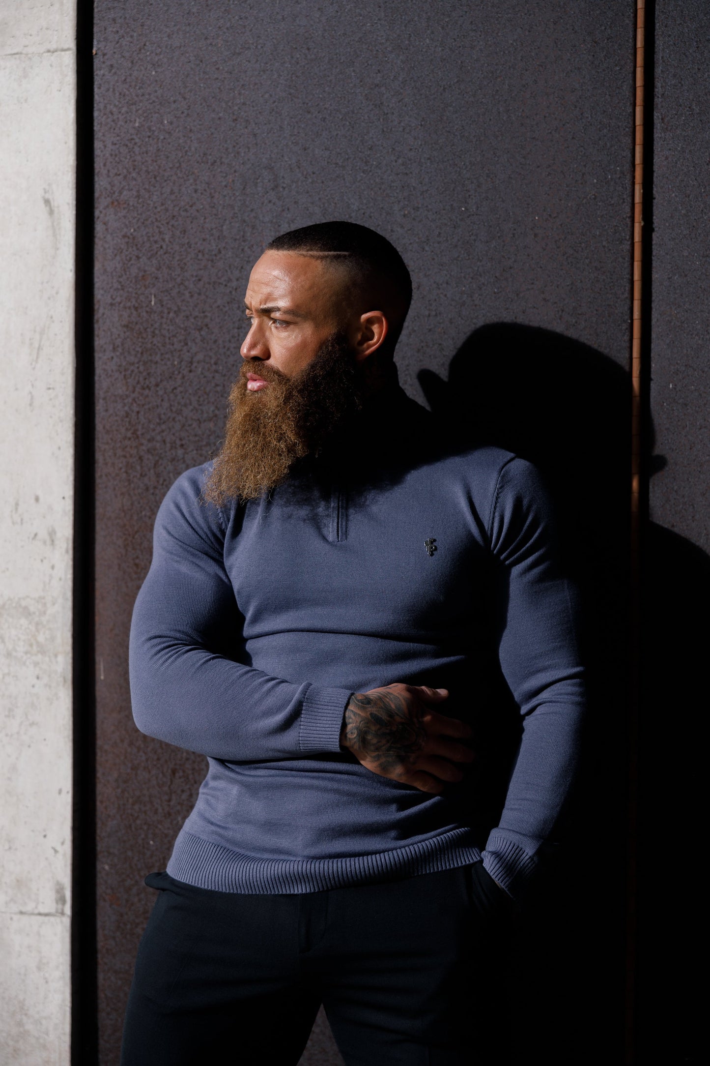Stylish Gunmetal Grey Funnel Neck Half-Zip Knitted Sweater by Father Sons - FSN120