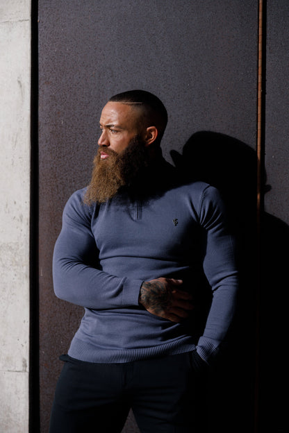 Stylish Gunmetal Grey Funnel Neck Half-Zip Knitted Sweater by Father Sons - FSN120