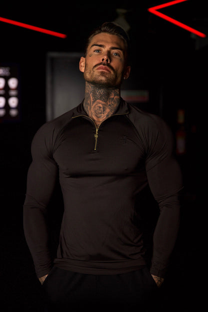 Elevate Your Workout with the Father Sons Solid Black and Gold Half Zip Long Sleeve Gym Top - FSH887