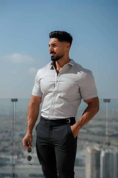 Elevate Your Style with Father Sons Super Slim Stretch Grey Denim Short Sleeve Shirt Featuring Horizontal Seam and Pocket - FS960