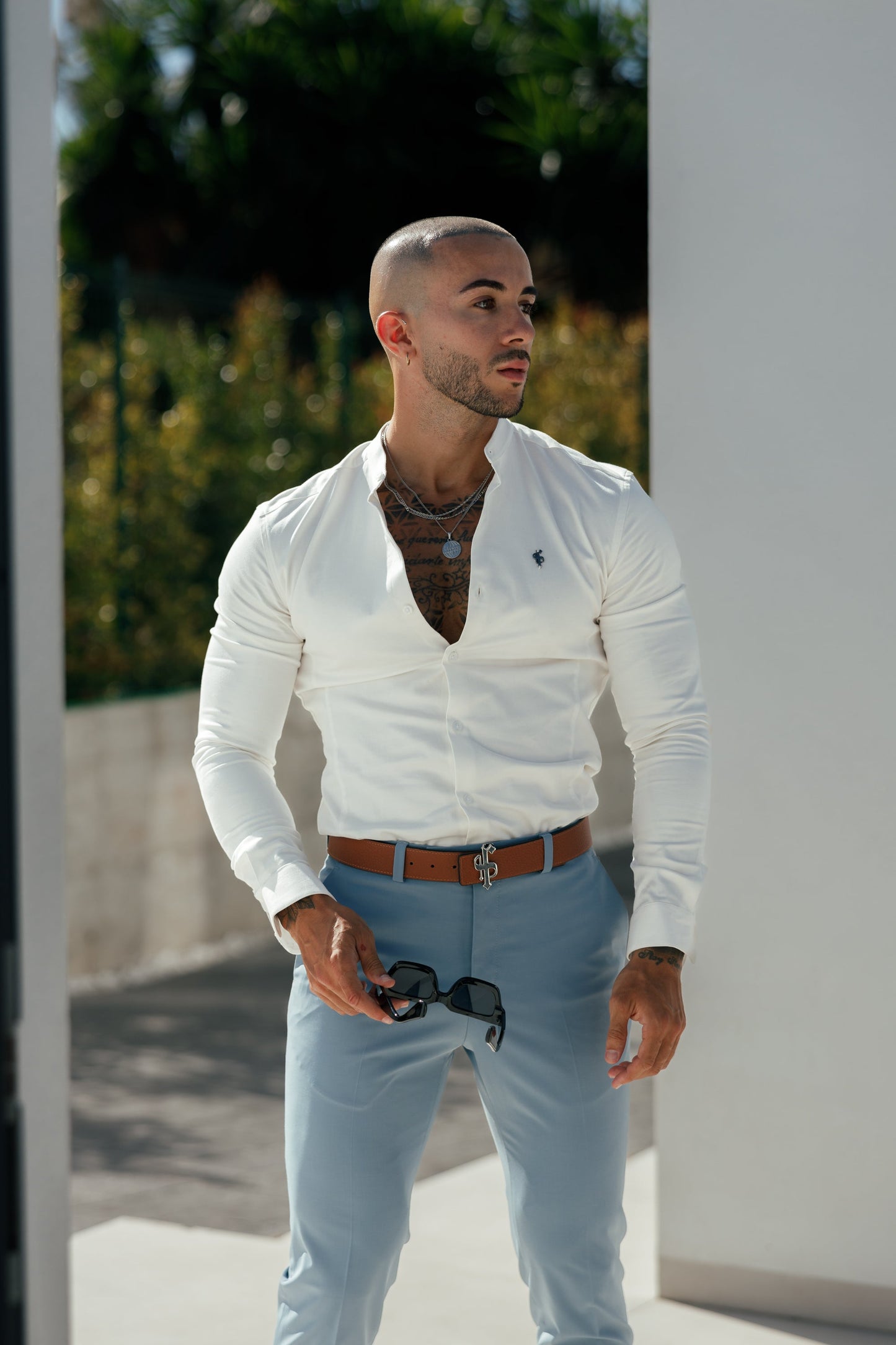 Elevate Your Style with the Father & Sons Super Slim Off White Stretch Shirt Featuring a Chic Grandad Collar - FS1091