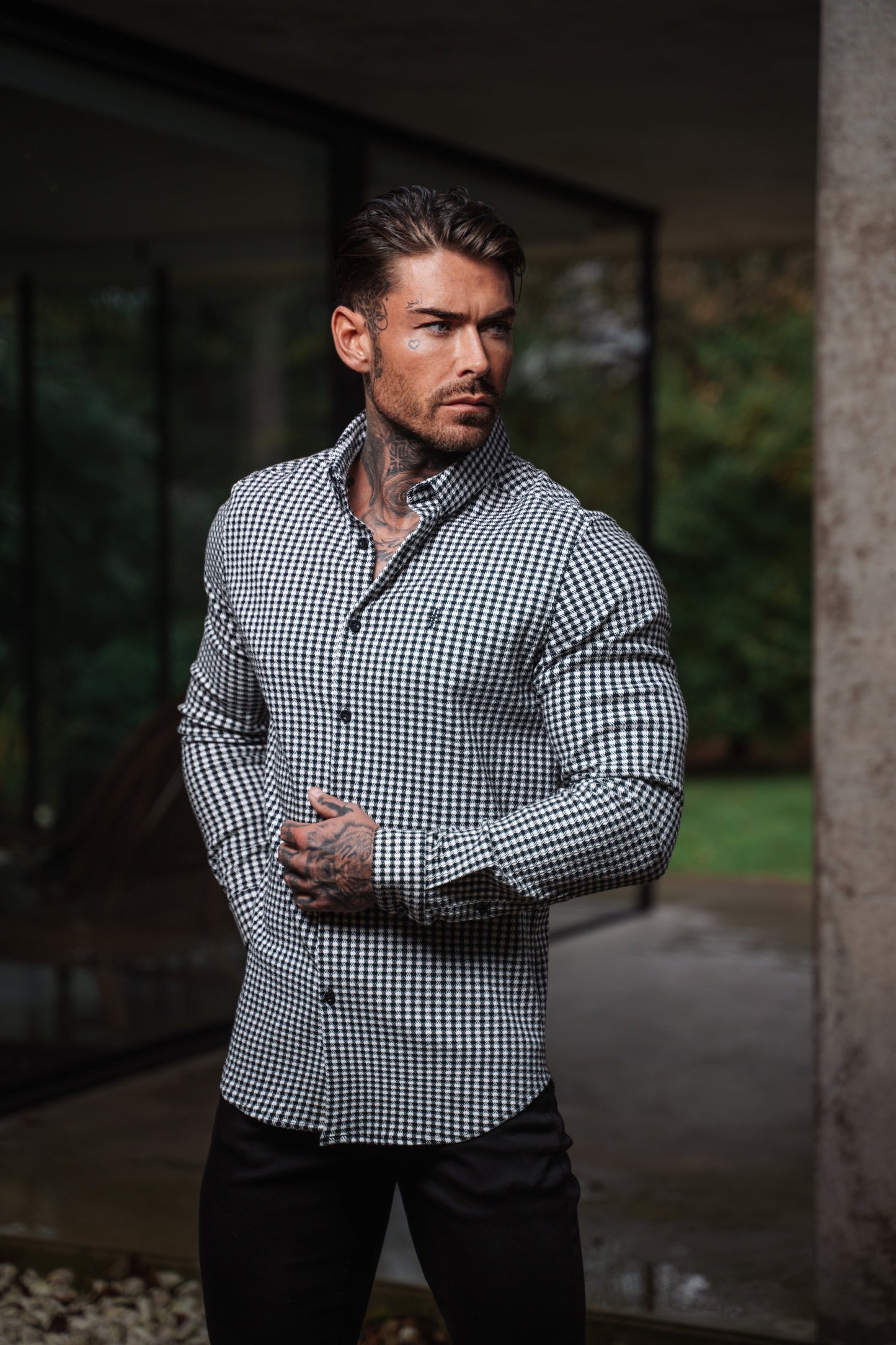 Father Sons Timeless Black & White Dogtooth Check Long Sleeve Shirt with Stylish Button-Down Collar - FS987