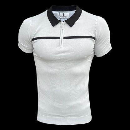 Elevate Your Style with the Father Sons Silver Grey and Black Stripe Zipped Polo - Short Sleeve FSN040