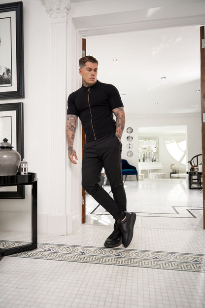 Stylish Black Short Sleeve Zip-Up Knit Sweater with Classic Textured Design - Father Sons Collection - FSN151