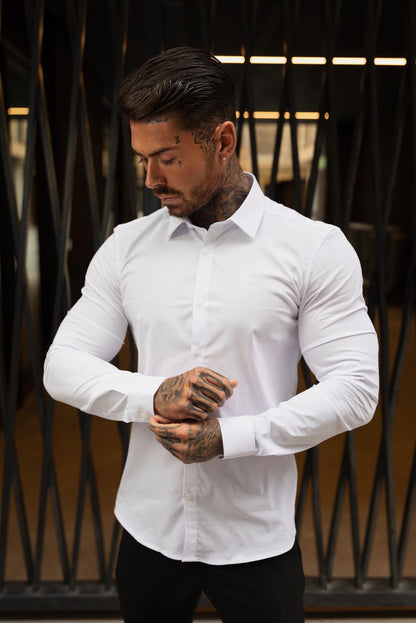 Sleek Father Sons Super Slim White Long Sleeve Stretch Shirt with Back Box Pleat and Stylish Side Seam Detail - FS945