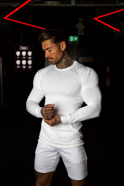Elevate Your Workout with the Father Sons White Tonal Long Sleeve Gym Crew Top - FSH885